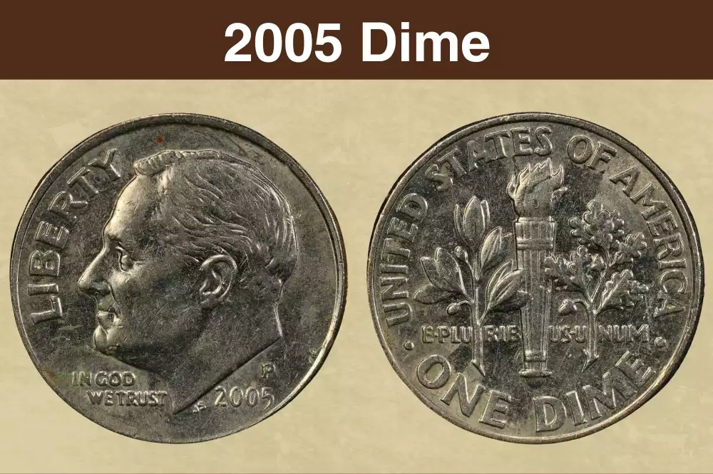 2005 Roosevelt dime obverse and reverse showing mint mark location and torch design
