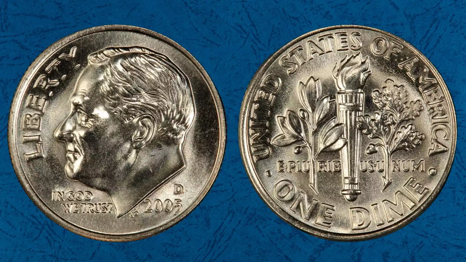 Side-by-side comparison of 2005 Roosevelt dime torch bands — common flat bands versus rare Full Bands designation