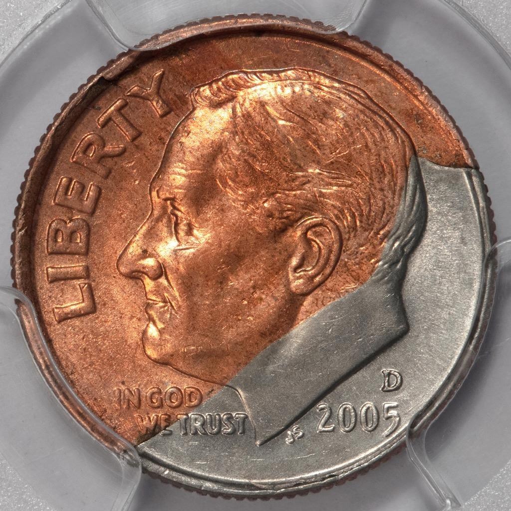 2005 Roosevelt dime missing clad layer error showing exposed copper core with reddish color