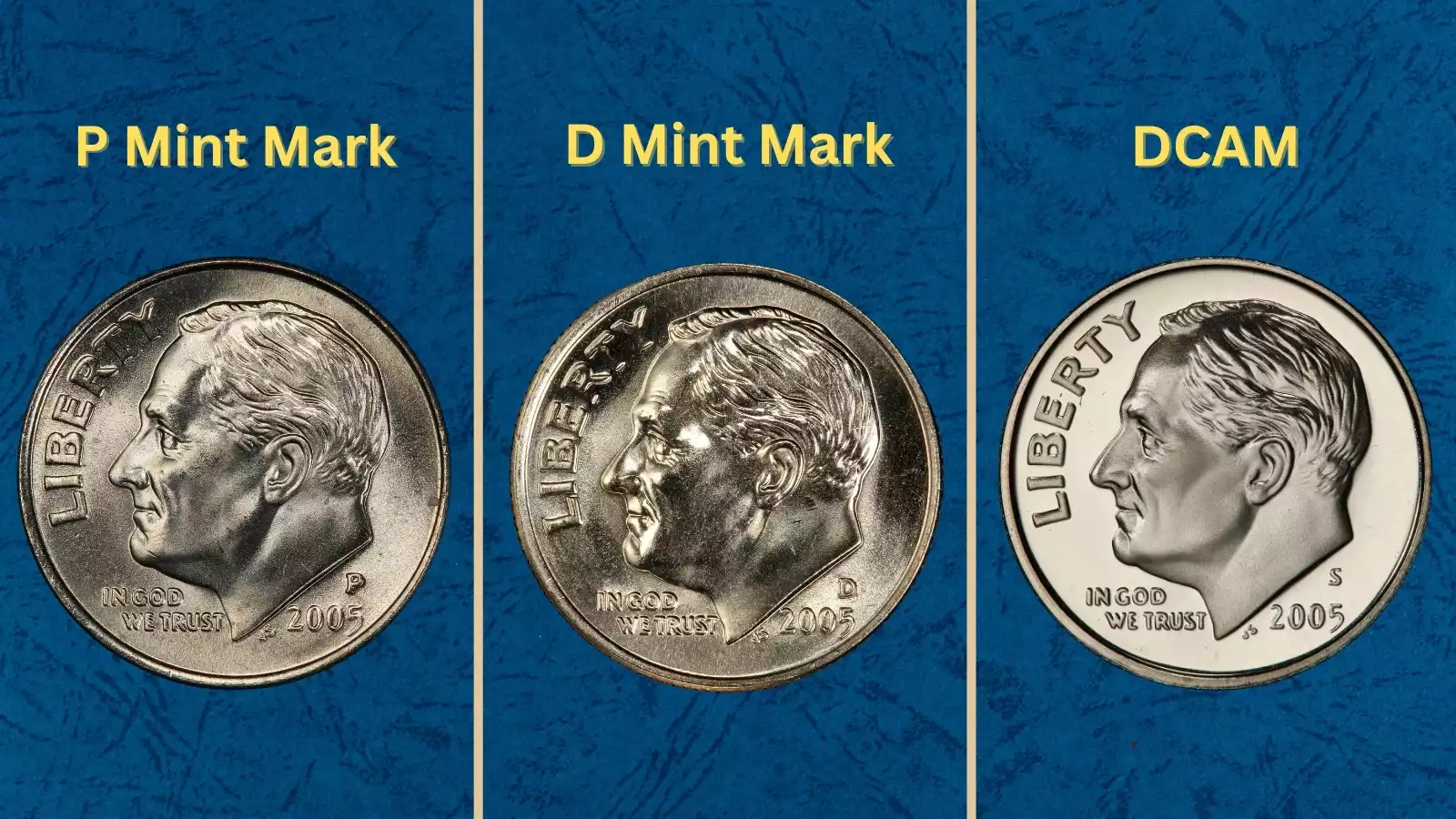 2005 Roosevelt dimes from US Mint set showing Satin Finish specimens and standard business strikes