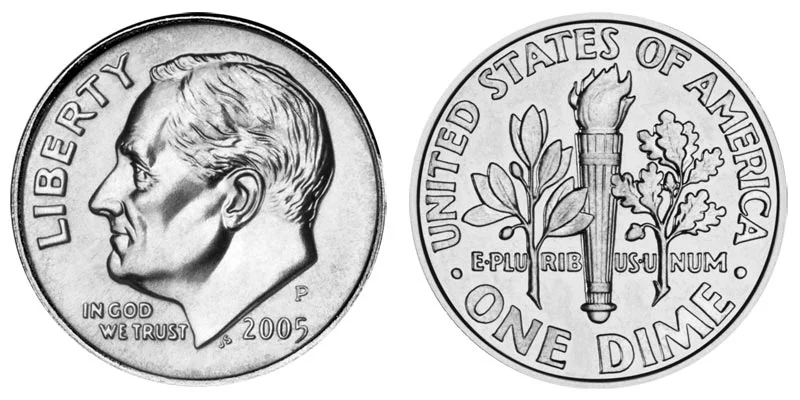 Grading strip showing 2005 Roosevelt dimes in four condition tiers from worn to gem uncirculated